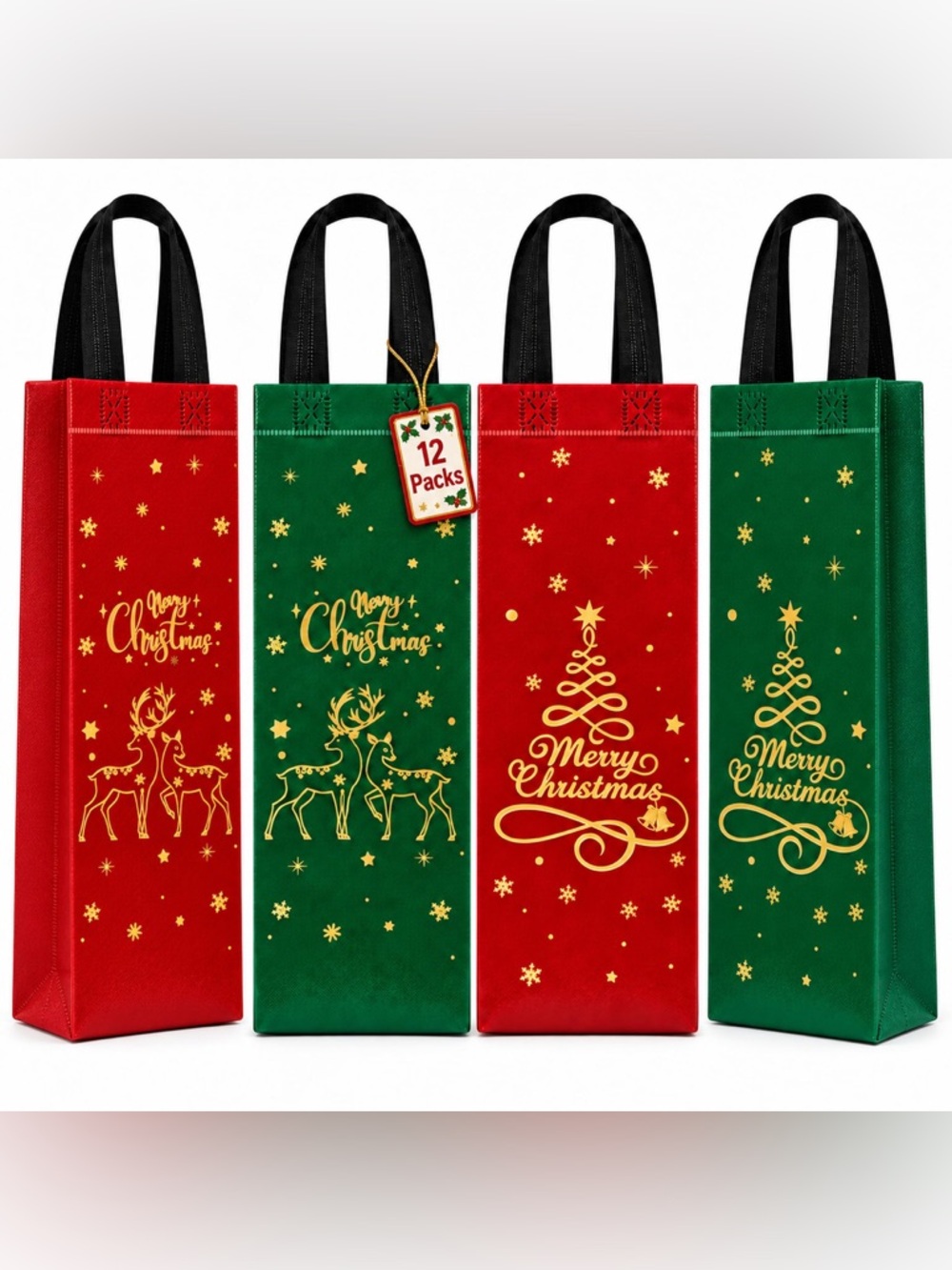 Holiday Wine Gift Bags Set - Red & Green Merry Christmas Design (12 Pack)